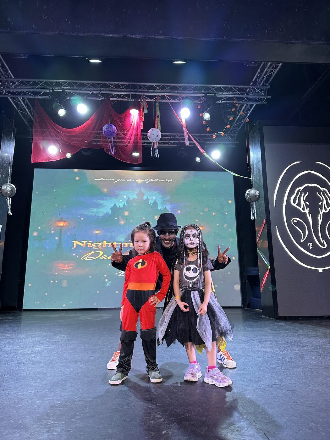 Beni and Aoife marching in Halloween costumes